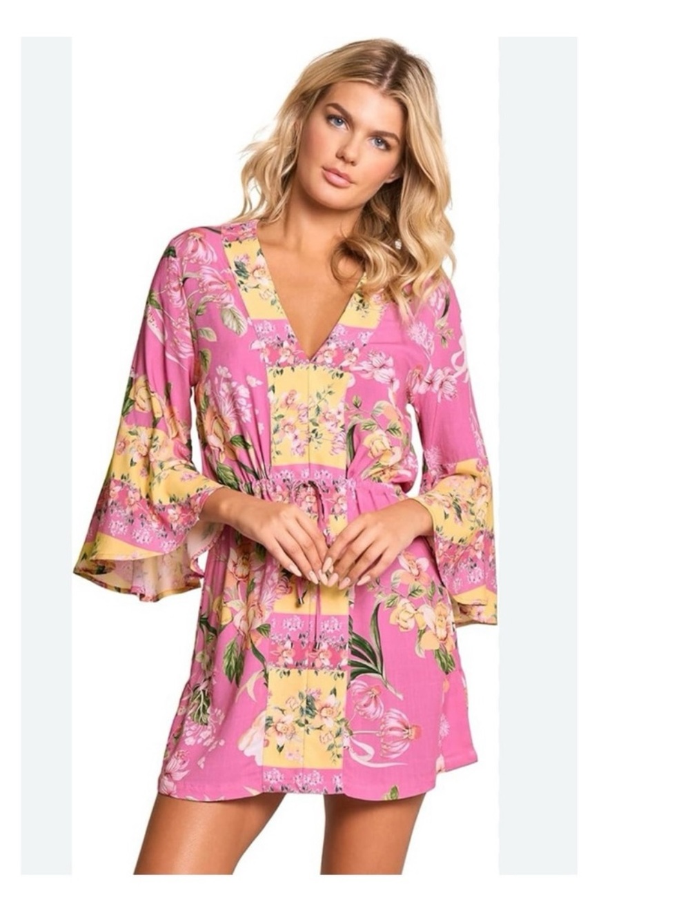 MAAJI Large Pink Yellow Floral Kaftan Swim Coverup Orig $125 Exc Cond